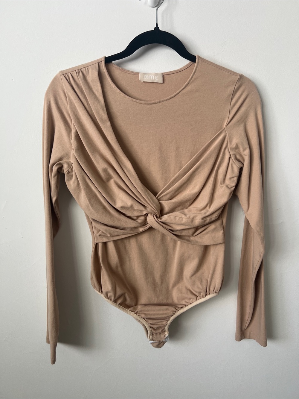 Taupe Twist-Front Long Sleeve Bodysuit